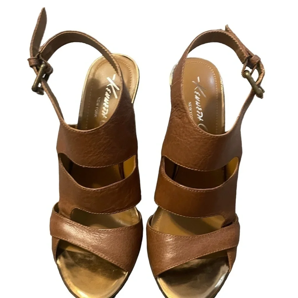 KENNETH COLE NY LEATHER BEIGE/LIGHT TAN PEEP TOE WEDGE HEEL WOMEN'S SZ 7.5M